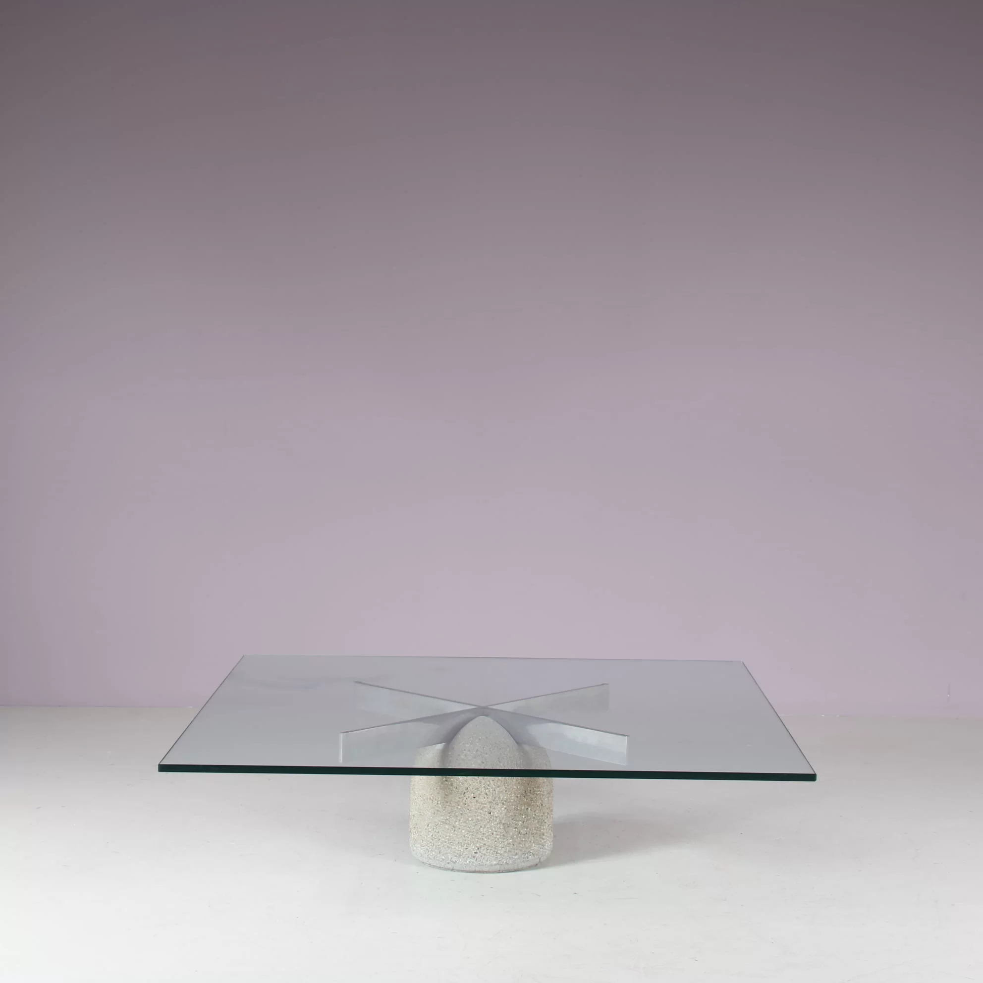 m27666 1970s "Paracarro" Coffee table on stone bse with chrome metal support and glass top / Giovanni Offredi / Saporiti, Italy