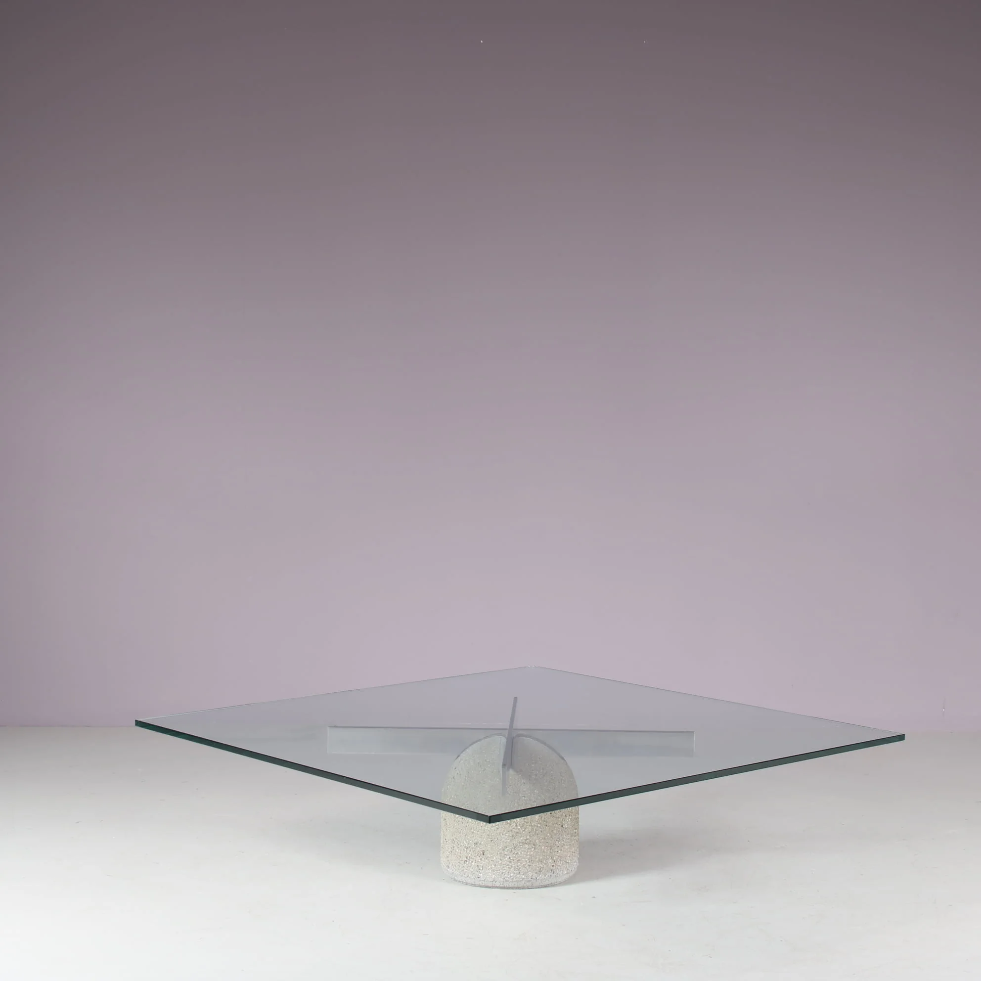 m27666 1970s "Paracarro" Coffee table on stone bse with chrome metal support and glass top / Giovanni Offredi / Saporiti, Italy