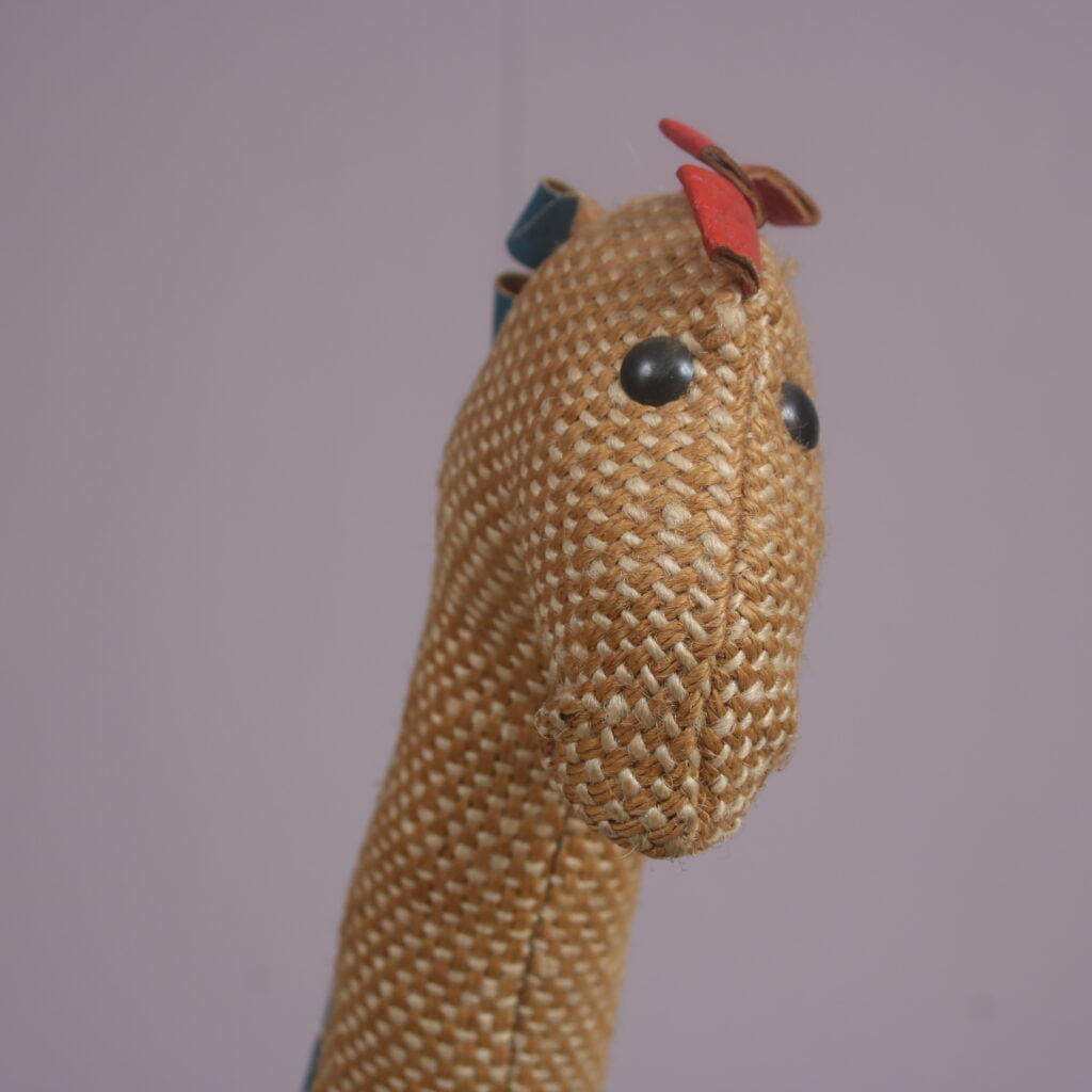 m27683 1960s Therapeutic toy giraffe in jute and leather / Renate Müller / H. Josef Leven Kg, Germany