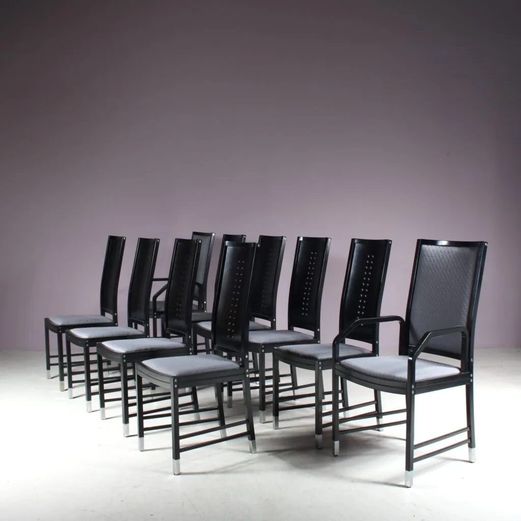 m24486 1980s Set of 10 dining chairs in black wood with chrome leg ends from the Fine Forms series Ernst W. Beranek Thonet / Austria