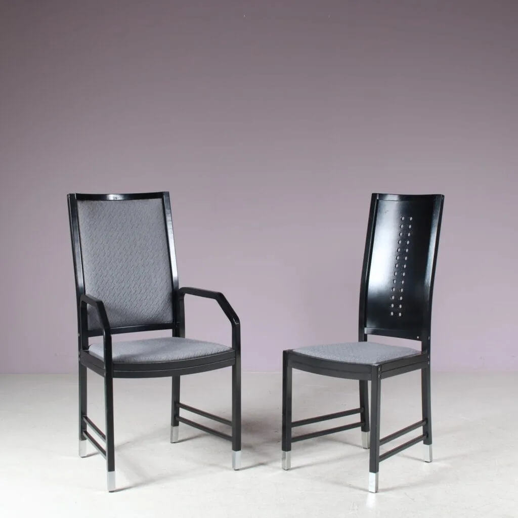 m24486 1980s Set of 10 dining chairs in black wood with chrome leg ends from the Fine Forms series Ernst W. Beranek Thonet / Austria