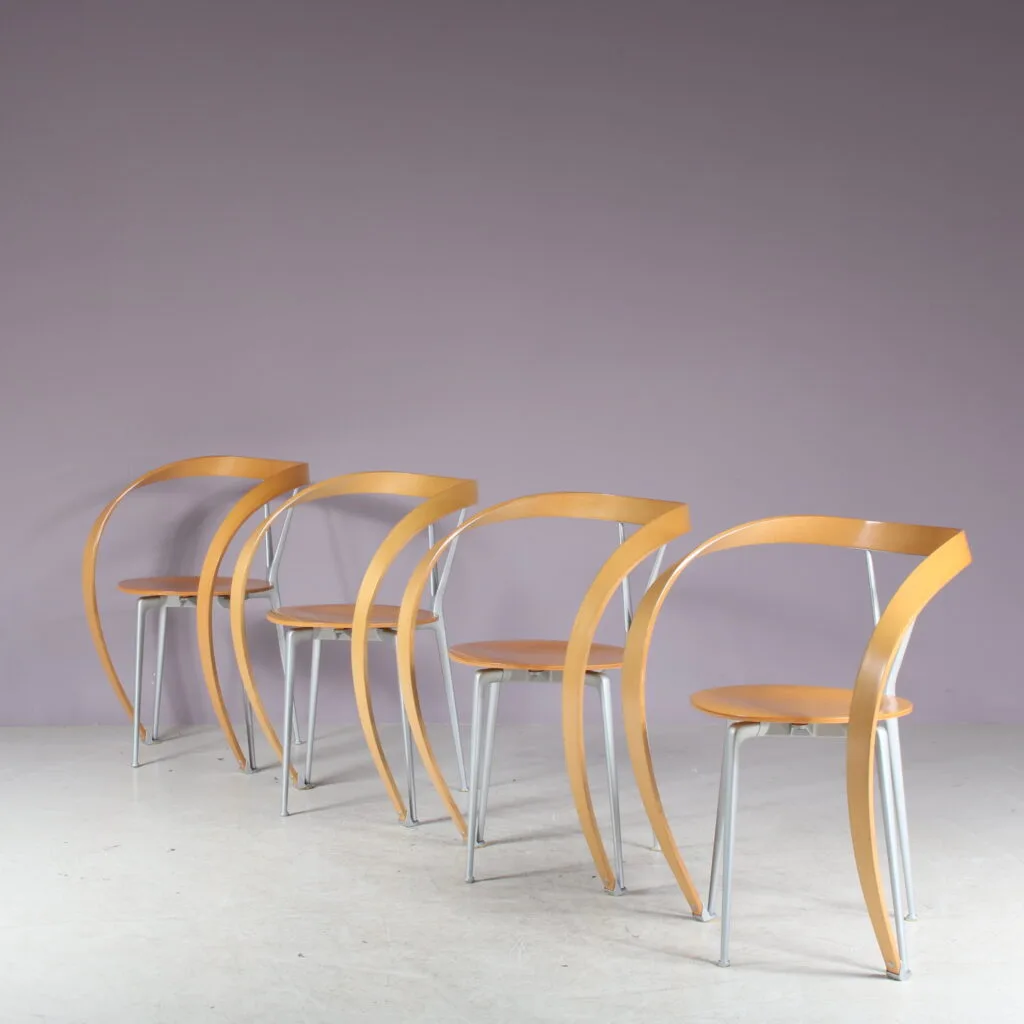 m27833 1990s Set of 4 Revers dining chairs in aluminium with beech Andrea Branzi Cassina, Italy