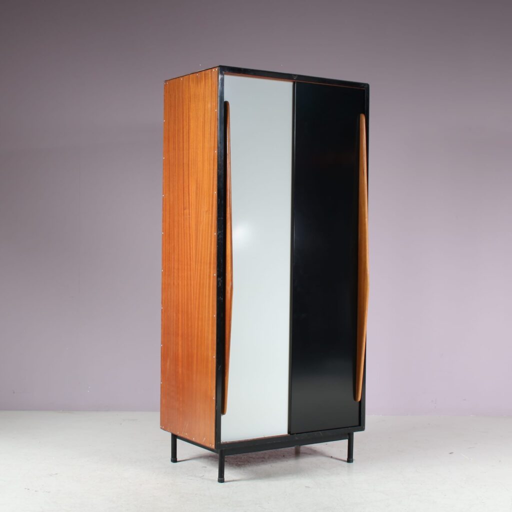 m27724 1950s Wooden cabinet with coloured metal sliding doors Willy van der Meeren Tubax, Belgium