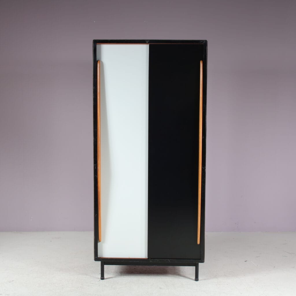 m27724 1950s Wooden cabinet with coloured metal sliding doors Willy van der Meeren Tubax, Belgium