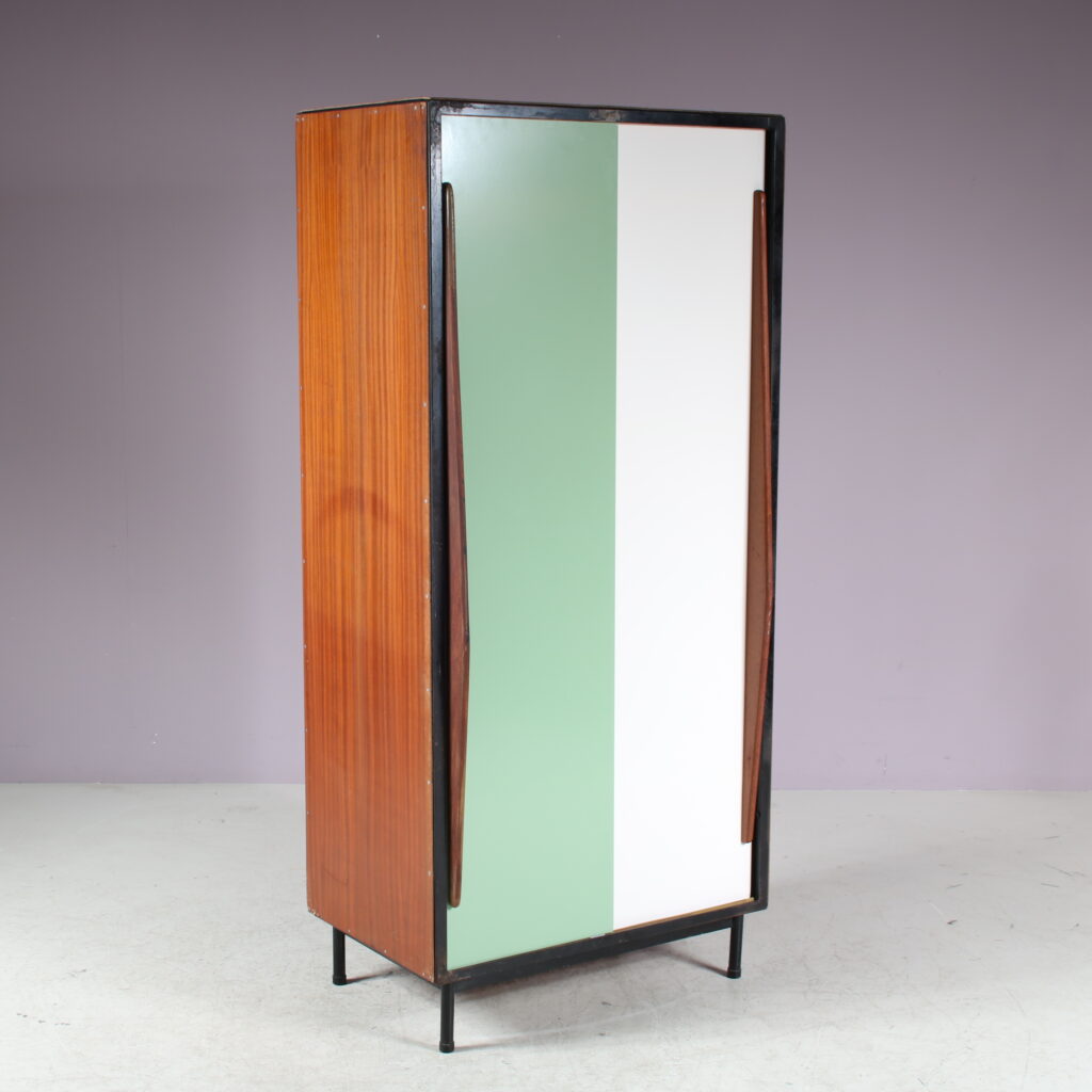 m27725-6 1950s Wooden cabinet with coloured metal sliding doors Willy van der Meeren Tubax, Belgium